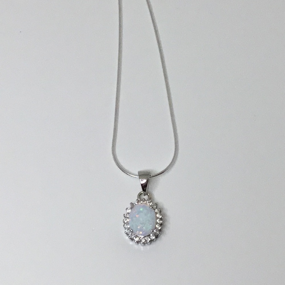 Sterling Silver Lab Created Opal and Cz Necklace - Picture 8 of 16